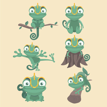 Cartoon chameleon cute illustration set.