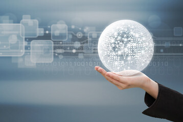 Business concept of business woman hand holding global network design on technology background