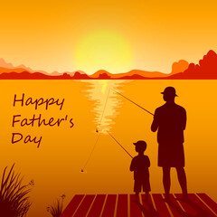 Dad and son fishing on the sunset together.