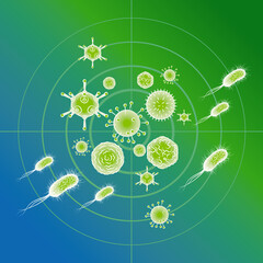 Influenza viruses and E coli Bacteria. Color vector illustration