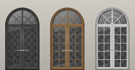 Fototapeta premium Set of classic arched wooden doors for a balcony. Doors of different colors. Vector graphics