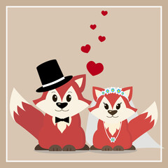 Cute wedding card with two foxes and a heart.