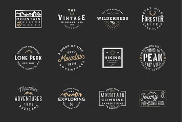 Set of mountain expedition badges, adventure labels. Vintage retro typography design