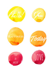 love and happiness text in watercolor stains on white background