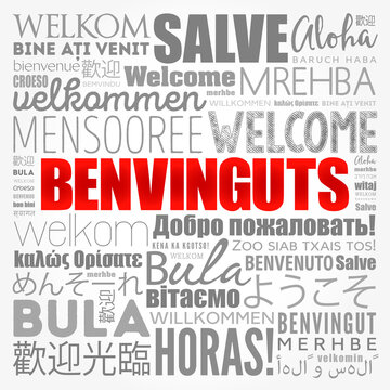 Benvinguts (Welcome in Catalan) word cloud in different languages, conceptual background
