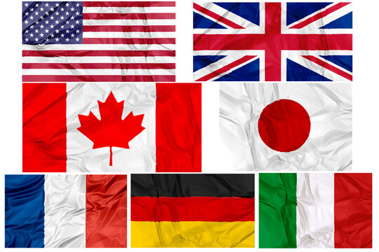 Flags of world G7, Group of Seven, contries, the seven major advanced economies, in frame on white background illustration. England Italy Unites States Germany France Canada and Japan.