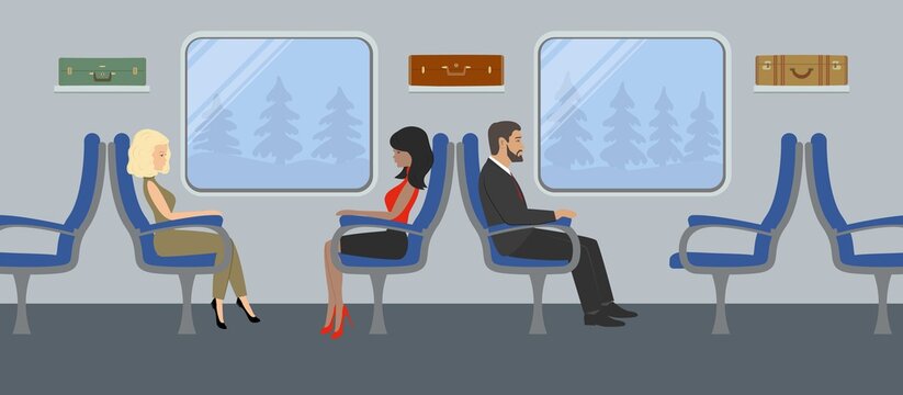 Passengers in the train car. Young women and a man are sitting in blue armchairs and looking out the window. There are also suitcases on the shelves in the picture. Vector flat illustration.