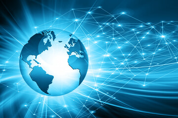 Best Internet Concept of global business. Globe, glowing lines on technological background. Wi-Fi, rays, symbols Internet, 3D illustration