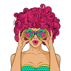Wow face. Sexy surprised woman with pink curly hair and open mouth holds binoculars in her hands with inscription wow in reflection. Vector object in pop art retro style isolated on white background. - obrazy, fototapety, plakaty