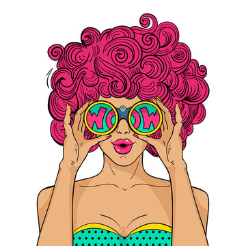 Wow face. Sexy surprised woman with pink curly hair and open mouth holds binoculars in her hands with inscription wow in reflection. Vector object in pop art retro style isolated on white background.