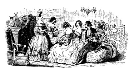 Group of young ladies fancy dressed with haido and fans chatting together, sitting in a lounge with other guests, XIX century engraving