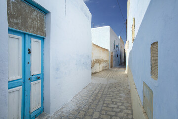 Fototapeta premium alone street with blue walls and doors in Tunisia