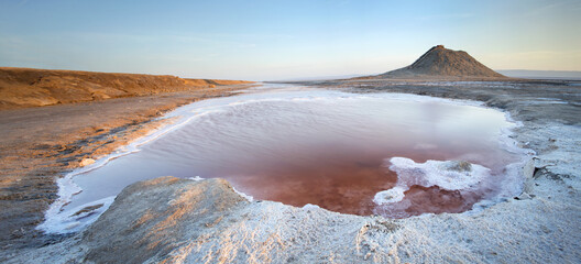salt lake with crystals in morning time in Tunisia - obrazy, fototapety, plakaty