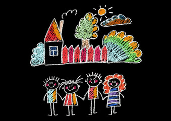 Kids drawing Happy family Mother, father, sister, brother Happy mom and dad with son and daughter Family house Children illustration with happy couple, kids, parents, house Home for my family Chalk
