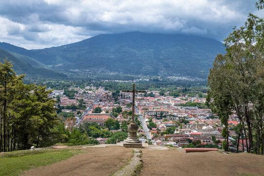 Aerial view of Antigua Guatemala city from Cerro de la Cruz with Agua Volcano in the background - Antigua, Guatemala