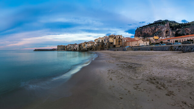 Cefalu, Sicily - Panoramic view of the beautiful Italian town Cefalu at blue hour