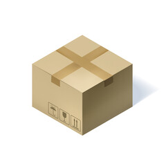 Isometric cardboard box isolated on white.