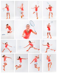 Young woman playing badminton over white background
