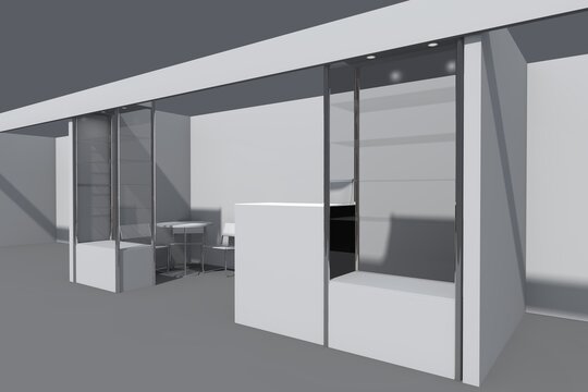 3d visualization of the exhibition stand with showcases, workstations and the reception desk