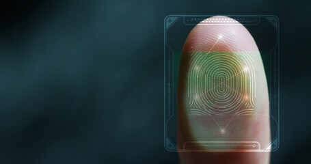 futuristic digital processing of biometric fingerprint scanner. concept of surveillance and security scanning of digital programs and fingerprint biometrics. cyber futuristic applications, future.