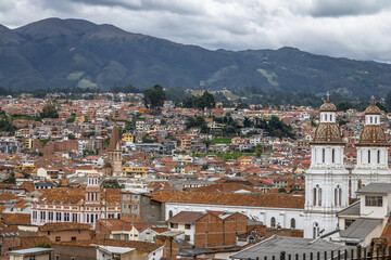 Fototapeta na wymiar Aerial view of Cuenca city with Santo Domingo Church - Cuenca, Ecuador