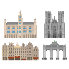 City sights. Brussels architecture landmark. Belgium country flat travel elements. Cathedral of St. Michael and St. Gudula. Town Hall on Grand Place Grote Markt. The triumphal arch in the park of the