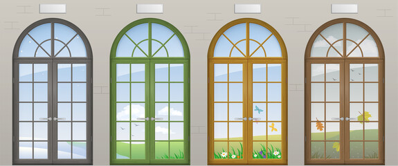 Colored arched doors. Entrance to the seasons of the year. Conceptual tourist center. Vector graphics