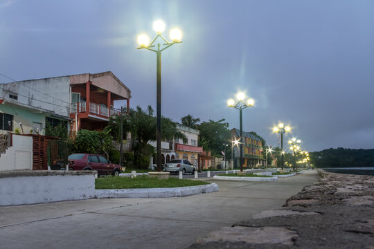 Waterfront street at night - Flores, Peten, Guatemala