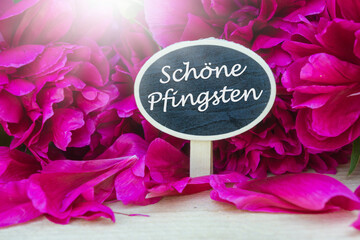 Schöne Pfingsten, Grußkarte mit Pfingstrosen