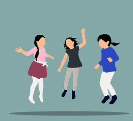  happy children jumping, icons, concept of childhood, friendship, flat style, isometric people 