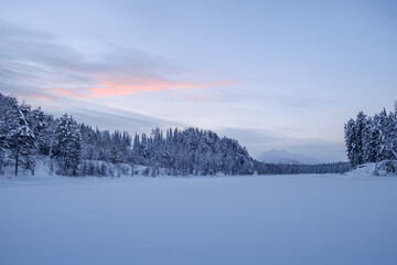 Cloud/Cloud above the winter river at dawn, Altai Mountains, Russia