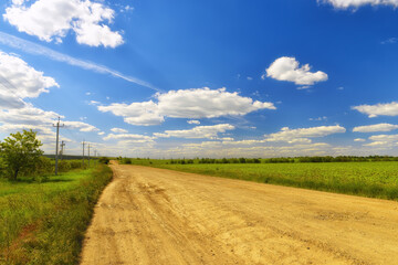 A dirt road among the fields. Sunny beautiful day with blue sky with clouds.