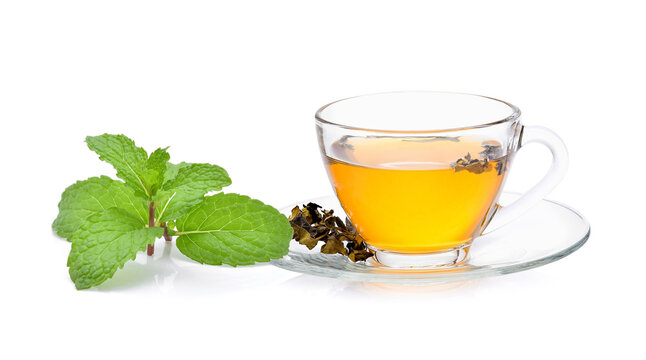 Green tea and mint in cup on white background