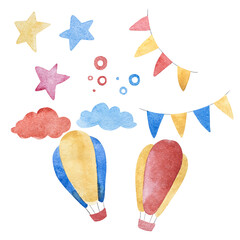 Watercolor illustrations of balloon, checkboxes, stars, clouds. Isolated on white background.