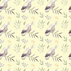 Watercolor illustrations of birds and leaves. Seamless pattern.