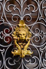 Fototapeta na wymiar Decorative gilded lion head golden door knob