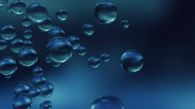 Glass spheres animation on dark blue background. Seamless loop