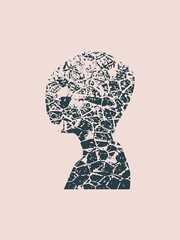 Face side view. Elegant silhouette of a female head. Vector Illustration. Long curly hair. Monochrome gamma. Grunge cracked texture avatar