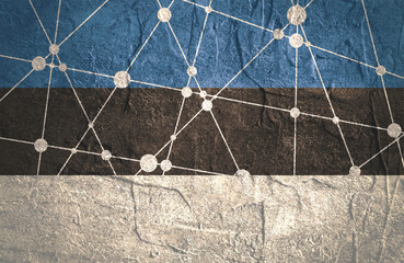 Flag of the Estonia. Low poly concept triangular style. Molecule And Communication Background. Connected lines with dots. Concrete grunge texture.