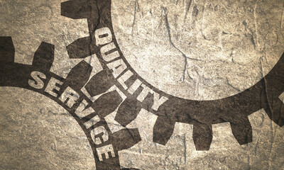 Quality and Service text on the Mechanism of Gears. Communication Concept in Industrial Design. Modern brochure design template. Concrete grunge texture