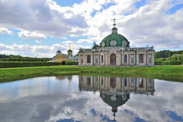 Kuskovo Manor in Moscow at the beginning of summer on a cloudy day