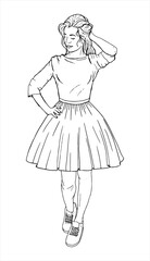 Fototapeta na wymiar Hand drawn vector Woman in a skirt, sneakers. The girl goes and scratches her head. 