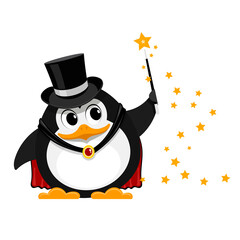 Young penguin magician. Cartoon image of a small funny penguin magician on stage with a magic wand. Young wizard at the concert. Vector illustration