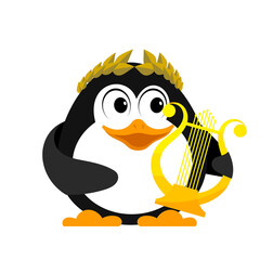 Obraz premium Young penguin with lyre. Cartoon image of a small penguin with an ancient lyre and a laurel wreath. Winner of a song contest on a white background. Vector illustration