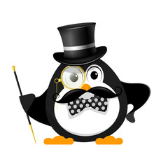 Gentleman with a bowler hat, with a cane, with a monocle and a bow tie, on a white background. Young little penguin is a gentleman. Vector illustration