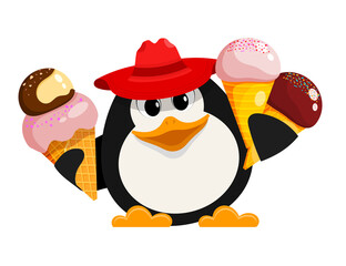Penguin with ice cream. Cartoon style color image of a small cute penguin in a red hat with ice cream on a white background. Vector illustration