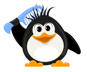 Little cute penguin with a comb on a white background. Vector illustration
