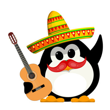 Penguin with a guitar and a sombrero. Cartoon color image of a young funny little penguin in Mexican style. Children's costume of carnival. Vector illustration
