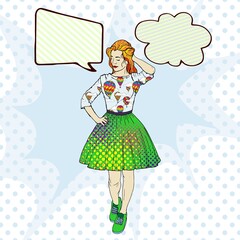 Pop art girl with comic book text sound effect. Blue background. Hand drawn vector illustration.