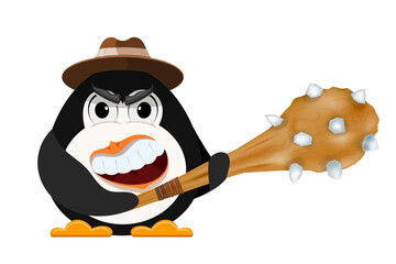 Abstract evil penguin with a hat and a primitive cudgel in his hands. The concept of anger and anger. Cartoon style vector illustration